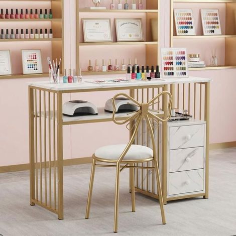 Table de Manucure Professionnelle 3 Tiroirs Plateau Effet Marbre Blanc Structure en Métal Doré 110 × 46 × 81,5 cm – Home Nature Wohnkonzept (1/5)
