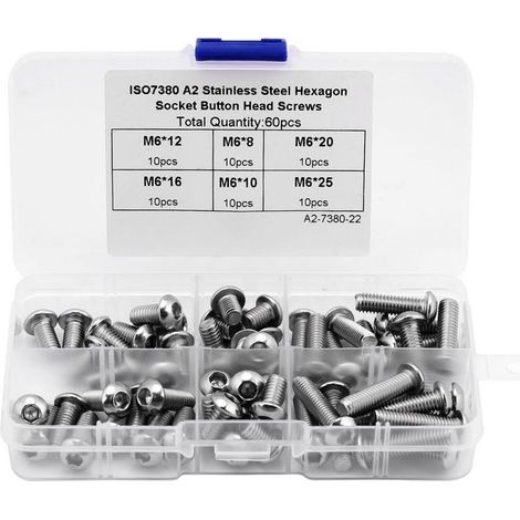 60PCS M6 Assortiment d'écrous, Vis en Acier Inoxydable Hexagonale Socket Bouton à Tête Ronde Boulons Vis Écrous Assortiment Kit Vis Fixations Accessoires Set avec Boîte. (1/5)