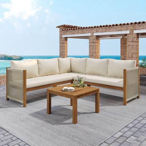 REDOM Salotto da giardino angolare, divano angolare con tavolino, braccioli in corda intrecciata, acacia, poliestere beige (1/5)