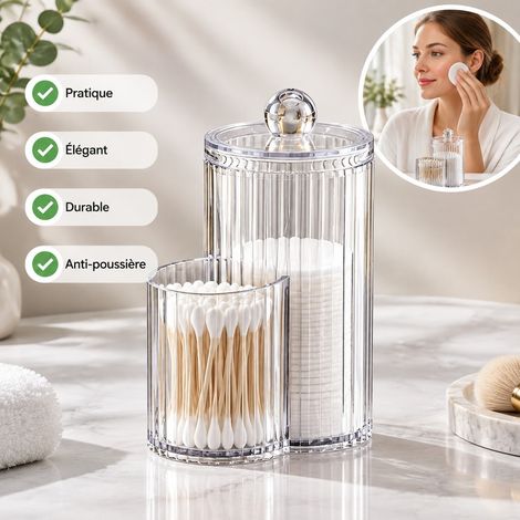 Set de 5 boîtes à coton-tiges 2 en 1, avec couvercle en bambou, en PET transparent, dimensions 10 x 12,5 cm, design élégant et pratique, organisation facile de vos accessoires de salle de bain (1/3)