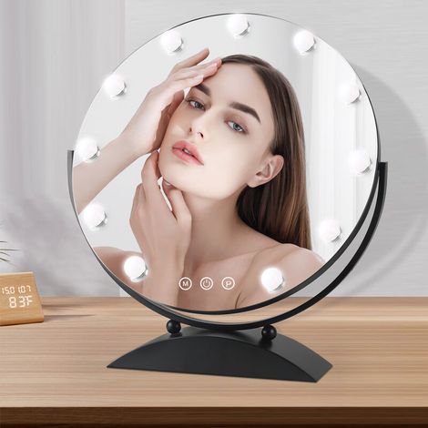 Miroir de Maquillage Hollywood, Miroir Lumineux rotond avec 11 Ampoules, LED Réglables Dimmables, Tactile, 3 Modes d'Éclairage, Miroir Lumineux- noir 50 cm (1/5)
