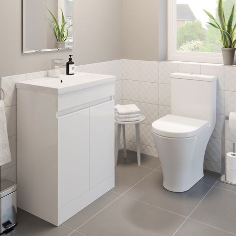 600mm Bathroom Gloss White Vanity Unit Basin Sink & Modern Close Coupled Toilet (1/5)