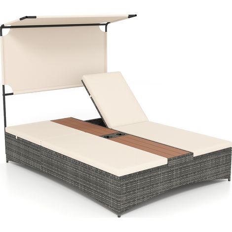 Chaise Longue Double, Bain de Soleil 2 Places avec Auvent et Coussins Amovibles, Dossier Réglable en 5 Positions, 2 Porte-Boissons, Beige (1/5)