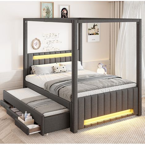 Cama con dosel tapizada 140x200 cm gris con cama nido extraíble, 3 cajones y LED en cabecero y pie de cama