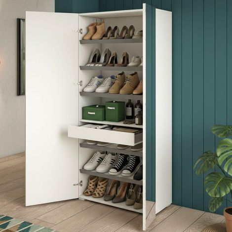 Étagère à chaussures Tarassaco, meuble d'entrée avec porte miroir, meuble à chaussures moderne avec 6 étagères, 72x37h195 cm, Blanc et Ciment (1/5)