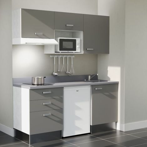 Kitchenette K20L - 180 cm - plan monobloc évier intégré Cromo- évier à droite - Façades Gris + Electroménager inclus coloris Blanc (1/5)