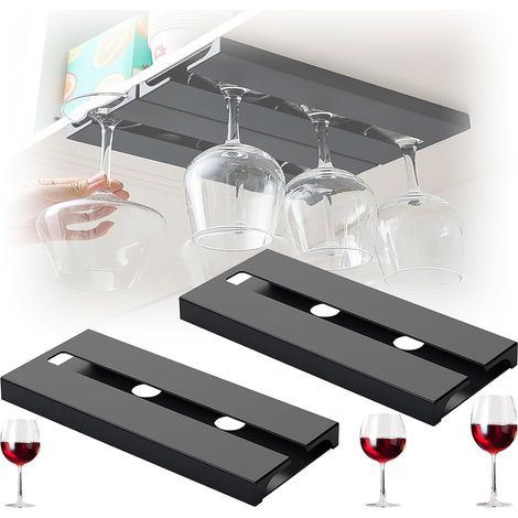 2 Pièces Support Verre a Pied Suspendu, 25.3112cm Porte Verres à Vin Suspendre, Auto adhésif Porte Verres à Pied Suspendu, Porte Verre à Vin Suspendu, Pour Restaurant, Bar, Cuisine (Noir) (1/5)