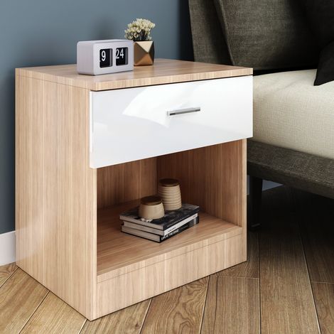 ELEGANT Modern Bedside Cabinet High Gloss Nightstand Table Soft Close Bedside Table with Drawer White/Oak (1/5)