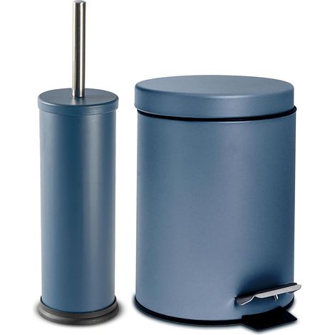 Set poubelle à pédale et brosse WC – Bleu mat – 3 L – Acier inoxydable – Seau amovible – Design compact et élégant – Idéal pour salle de bain (1/5)