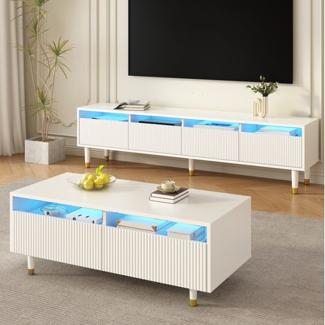 Set mobile TV e tavolino LED, 4 ante e 2 cassetti, bianco e oro, DESVIAE (1/5)
