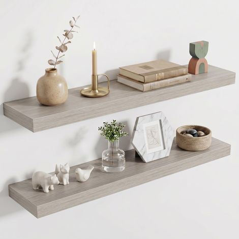 Lot de 2 étagères murales en bois extra solides - 80 cm de long - Étagère flottante pour salon, salle de bain, chambre à coucher, cuisine - Gris (1/5)