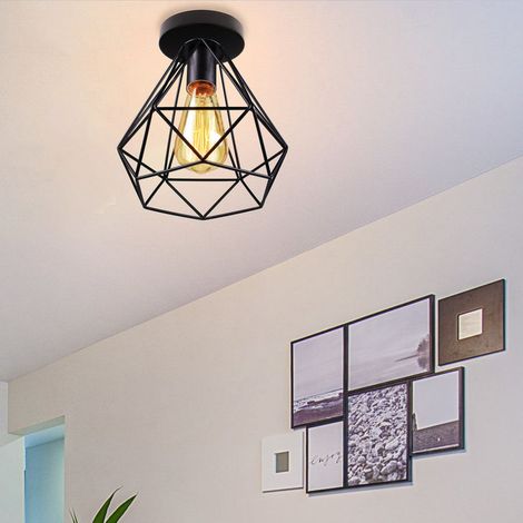Retro Plafonnier Industrielle Cage Diamant en Metal Fer Luminaire pour Salon Cuisine Couloir (1/3)