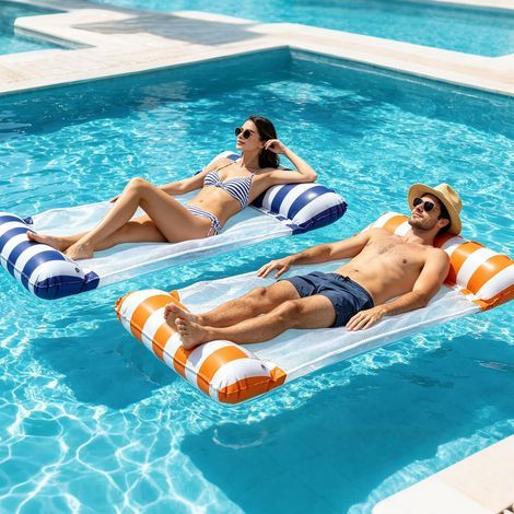 Set aus 2 aufblasbaren Poolmatratzen (125 x 70 cm) und Pool-Schwimmhilfen für Erwachsene, schwimmende Wasserhängematte mit Handpumpen für den Urlaub, faltbare aufblasbare Sommer-Poolliege (1/5)