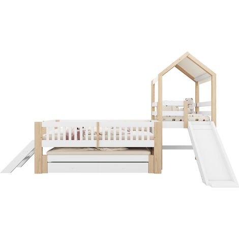 Cama cabaña infantil 90 x 200 con cama nido, tobogán, escalera y cajones, blanco natural (1/5)