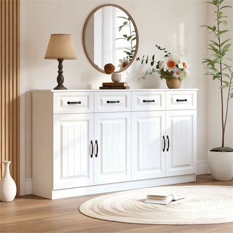 Commode blanche MDF 4 tiroirs 4 portes 2 étagères design rainuré 8 poignées métal rangement supérieur 160 cm