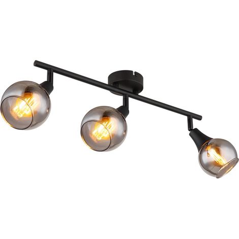 Barre de spots de plafond en verre fumé noir mat, 3 ampoules E14