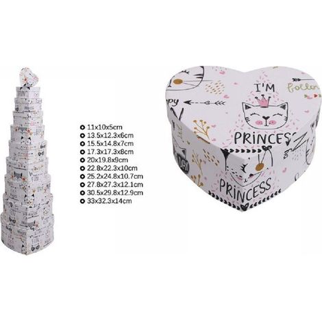 TrAdE Shop Traesio - Set 10pz Scatole Regali Varie Misure Matrioska Forma Cuore Fantasia Bianca 71968 -