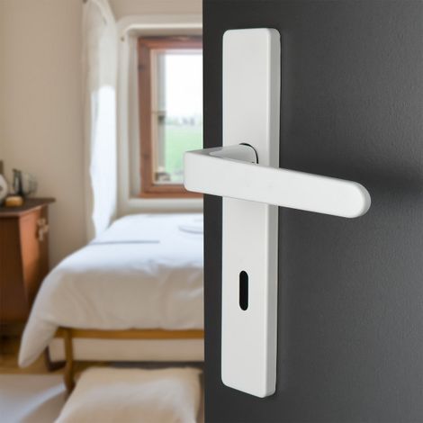 Ouvre&Déco – 2 poignées universelles DUALFIT sur plaque carrée CELIO entrée de clé, Aluminium laqué blanc mat bi-entraxe 165-195 (1/5)