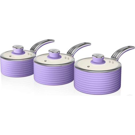 SWAN SWPS3020PURN Retro Batería Cocina 3 Cazos 16-18-20cm, Tapas Vidrio, Inducción Antiadherente Cerámica Vintage  Morado
