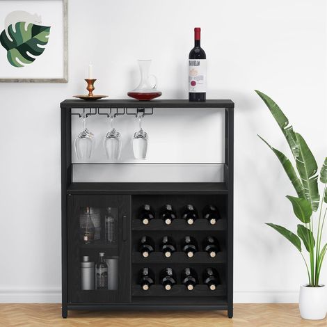 Meuble bar à vin noir industriel avec bandeau LED, 3 étagères modulables, support verres et porte maille salon cuisine (1/5)