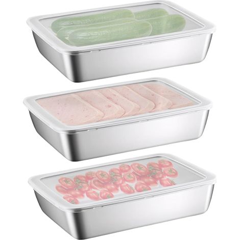Set aus 3 Lunchboxen aus Edelstahl mit Deckel, ideal zum Aufbewahren von Aufschnitt, Fleisch, Keksen, Salaten und Gemüse.