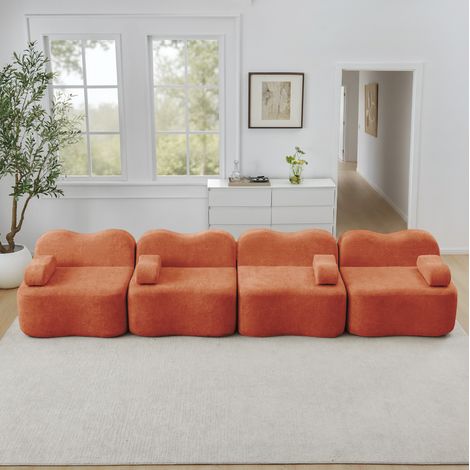 FloraGrace Canapé modulable 4 places, velours orange, assise profonde, sans montage, pour salon (1/5)