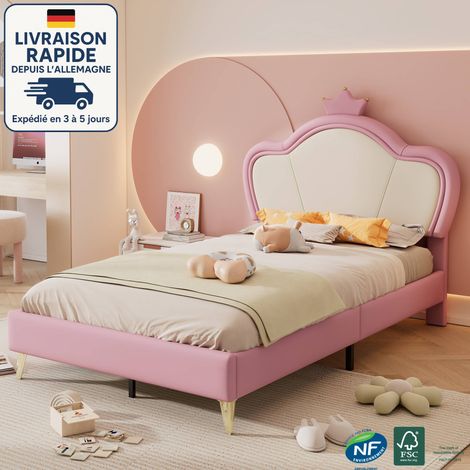 Lit enfant 90x200 cm, sommier à lattes, pieds en métal, sans matelas, simili cuir, rose + blanc, lit simple (1/5)