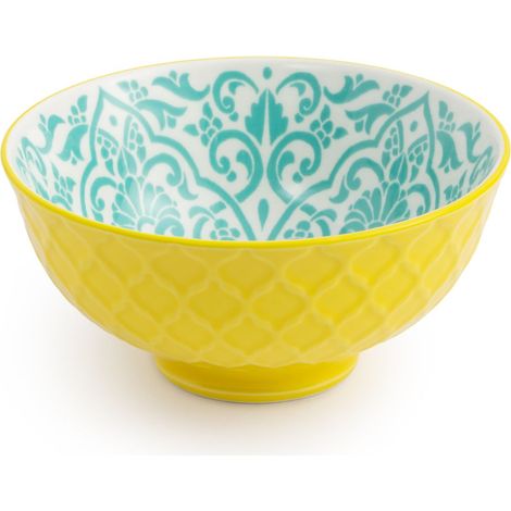 Mikasa yellow and blue geometric stoneware nibble bowl, patterned dip bowl for dining, multi-purpose serving dish, 12cm