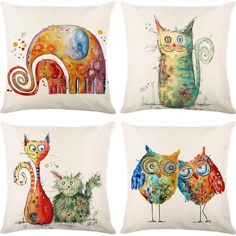 Housse de Coussin, Housse Coussin 45x45 Lot de 4 Housses de Coussin Taie d'oreiller Décoratif Canapé pour Chambre, Canapé, Chaise, Lit,Jardin (Animaux-Lin) (1/5)