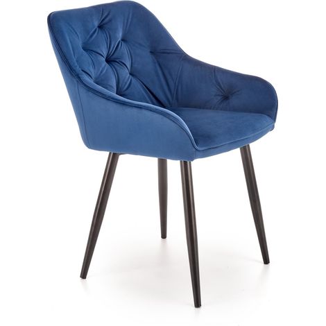 Chaise confortable bleu marine K487, pour salle à manger, en velours, photo réelle (1/5)