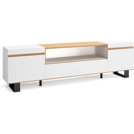 Skraut Home - Meuble TV, Banc Télé, Grand espace de Rangement, 200x35x57cm, Pour les TV jusqu'à 80", Design industriel, Style moderne, Blanc et Chêne Soft (1/5)