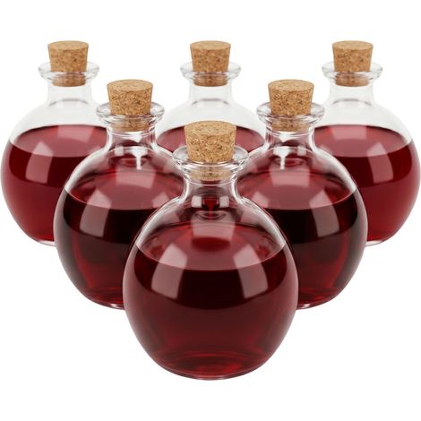 Relaxdays Bouteilles verre 6 pcs, 260 ml, bouchons liège, pour huile, vinaigre, épices, déco DIY, liqueurs transparentes