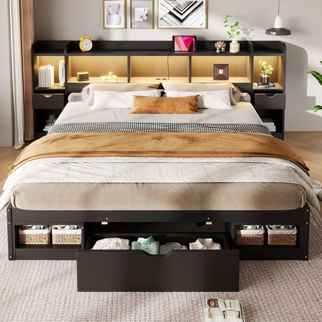 Plattformbett 180 x 200 cm mit Kopf- und Fußteil, Stauraum, LED, USB, schwarz (1/5)