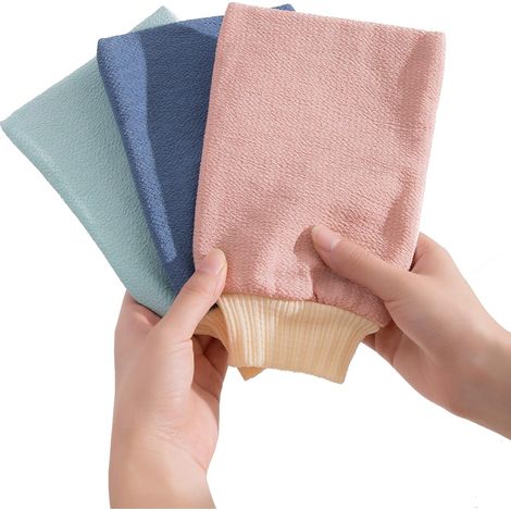 Juego de 3 guantes de baño, fibra de pulpa de madera, exfoliación suave, elimina las células muertas de la piel, para la ducha y el cuidado corporal. (1/5)