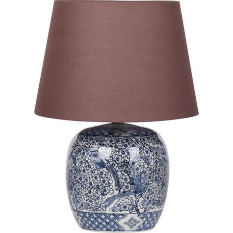 Lámpara de mesa clásica con pantalla de tela de lino blanco y base de porcelana azul 46 cm Neira