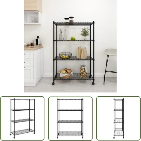 The Living Store Étagère de rangement 4 niveaux et roues 90x35x137cm Noir 200 kg - Étagère Métallique - Rangement Intérieur - Étagère Industrielle - Meuble De Rangement - Organisation Maison (1/5)