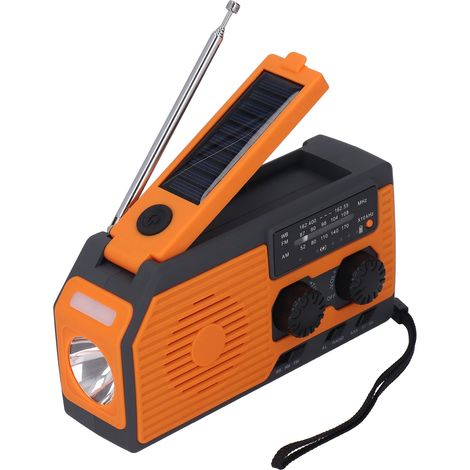 Radio solaire portable avec chargeur d'urgence, lampe torche LED, étanche IPX3, manivelle, batterie 5000 mAh, version orange américaine. (1/5)