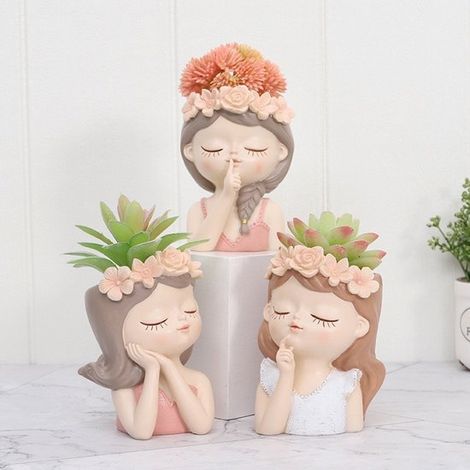 Triptyque de pots en résine en forme de jeune fille – pots originaux pour plantes grasses – objet décoratif pour bureau et balcon (1/4)