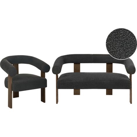 Conjunto de sala de estar retro sofá 2 plazas sillón tapizado de bouclé patas de madera negro y marrón oscuro Ilbro (1/5)