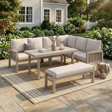 Salon de jardin exterieur en corde pour 8 personnes,canapé d'angle+salle à manger+des bancs,fer galvanisé,plateau en verre,kaki