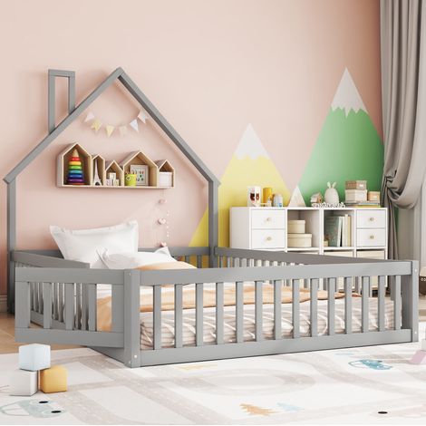 DESVIAE Lit enfant avec forme cheminée et barrières de sécurité 140 x 200 cm en pin et MDF gris avec sommier à lattes (1/5)