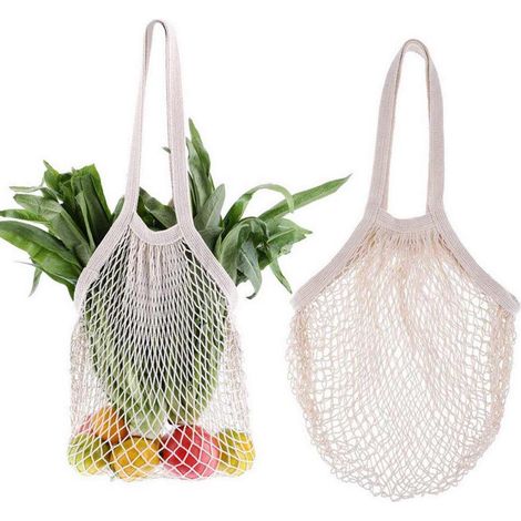 Sac de courses réutilisable en maille, lot de 2, blanc, filet à provisions léger et pliable, éco-responsable pour supermarché et marché. (1/5)