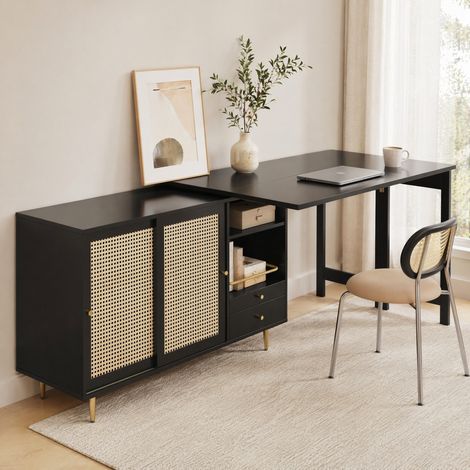 MEUBLIV Table haute pivotante 360° noire extensible – rangement intégré (1/5)