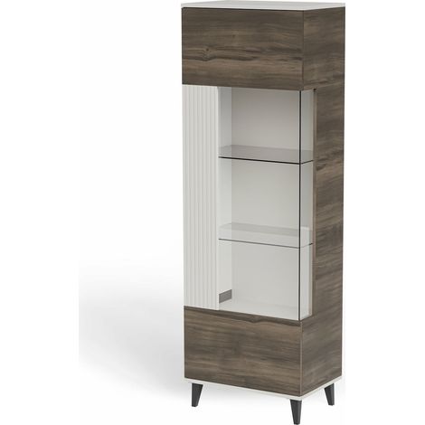 Estantería Luelia 112, Nogal + Cachemira, Con puertas, Cerrable, MDF, Aglomerado laminado, Vidrio templado, Número de puertas: 1, Número de cajones: 0, 182x60x40cm (1/5)
