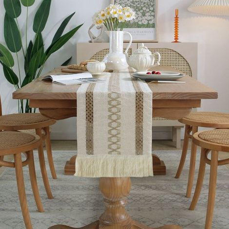 Camino de mesa de lino, lino de algodón, estilo bohemio, suave, con borlas, lavable, festivales y casas de campo, Marrón a cuadros, 30220 (1/4)
