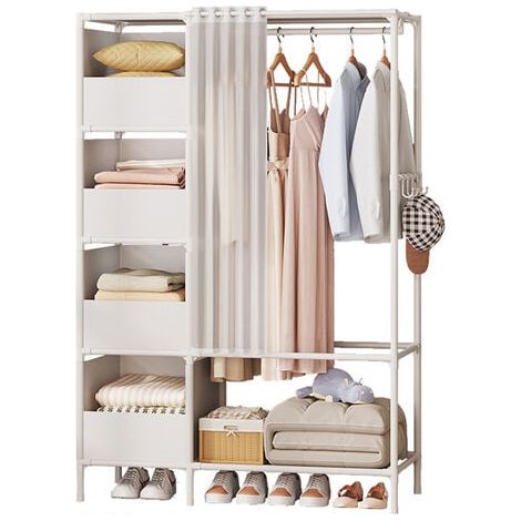 Armoire Penderie Blanche 170x105x45 cm avec 4 Bacs en Tissu, Meuble de Rangement pour Vêtements, Garde-Robe Robuste pour Chambre (1/4)