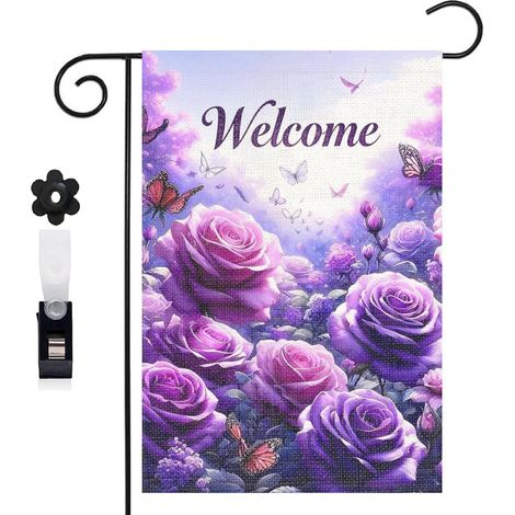 Drapeau vertical Welcome et champ de fleurs violettes 30 x 45 cm décoration saisonnière extérieure (1/5)