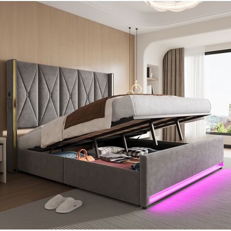 letto contenitore 180x200 USB LED velluto grigio HAVRYA (1/5)