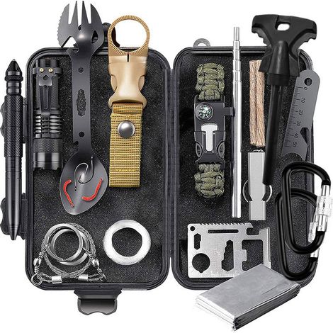 Kit de survie en extérieur - Kit de survie pour le camping - Kit d'urgence - Bracelet - Outils - Couverture de survie - Noir