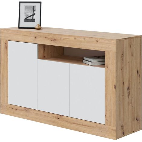 Dmora - Highboard Dmirri, Modernes Sideboard mit 3 Türen, Wohnzimmer-TV-Ständer-Buffet, 144x42h87 cm, Geknotete Eiche und Weiß